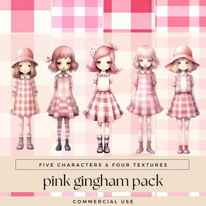 Pink Gingham Invitation Character and Texture Pack, Cute Invite Illustrations, Transparet Paper Doll PNG, Sweet Girl Junk Journal Graphics