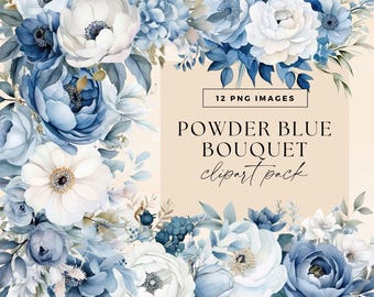 Powder Blue Flower Wedding Bouquet, Dusty Blue Floral Clip Art, Invitation Graphics, Transparent PNGs, Watercolour Baby Shower Illustrations