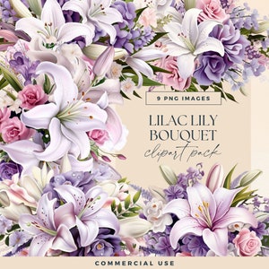 Floral Clipart moderne Hochzeit Lilie Bouquet, Pastell lila rosa weiße Blume Clip Art, Hochzeitseinladung, Aquarell Baby Shower Grafiken