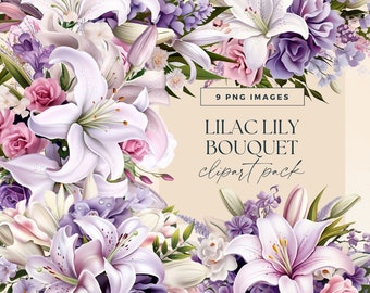Floral Clipart Modern Wedding Lily Bouquet, Pastel Purple Pink White Flower Clip Art, Wedding Invitation, Watercolour Baby Shower Graphics