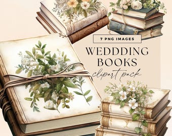 Next Chapter Wedding Shower Invite Clipart Pack, Botanical Books Clip Art, Reading Invite Illustration, Flower Graphics, Floral Book Stack