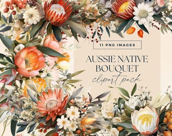 Australian Native Flower Bouquet Clipart, Protea Flowers, Transparent PNGs, Aussie Floral Wedding Clip Art, Watercolor Tropical Flowers
