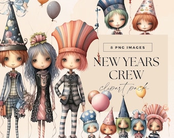 風変わりなハッピーニューイヤークルーのクリップアートパック、透明PNG、お祝いグラフィック、パーティーの気まぐれなキャラクター、バルーンジャンクジャーナル