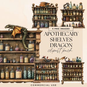 Paquete de imágenes prediseñadas de boticario vintage, imágenes prediseñadas de estante de dragón, PNG transparente, botellas de pociones, gabinete místico, hechizo mágico, gráfico de brujería