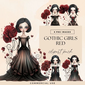 Gothic Red Fashion Girl Clipart PNG, Watercolor Flower Paper Dolls, Junk Journal Characters, Dark Fairytale Art Graphics, Fantasy Clip Art