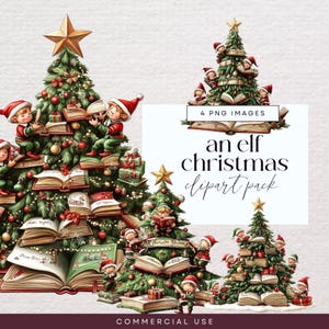 Elf Book Christmas Tree Clipart, Festive Holiday PNG Bundle, Magical Clip Art, Christmas Decoration Illustrations, Seasonal Reading Ephemera