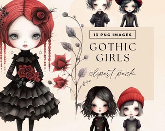 Gothic Botanical Girls Clipart Pack, Dark Red Goth Girls, Transparent PNGs, Watercolour Rose Paper Dolls, Junk Journal Whimsical Fairytale