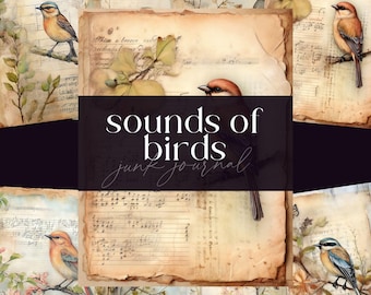 Muzikale vogel ongewenste dagboek, tuin scrapbooking papers, digitale download, vintage vogel grunge pagina's, natuur ephemera, vogelaars dagboek