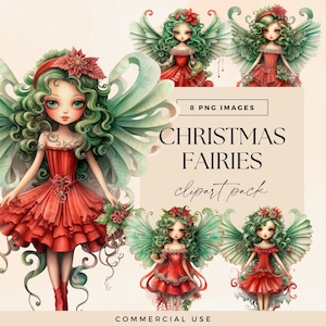 Weihnachtsfee Clipart, Weihnachtsengel Clip Art, transparentes PNG, niedliche Charaktere Png, Feiertagsgrafiken, Aquarell Bundle, digitaler Download