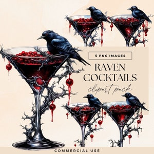 ClipArt di cocktail di Halloween, clipart di cocktail spettrali, illustrazione di bevande alcoliche del corvo, grafica del menu del bar, PNG di bevande di Natale gotiche rosse