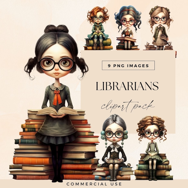 Library Girl Clipart, Librarian Book Pile Clip Art, Transparent PNG, Bookish Junk Journal Graphics, Book Lover Illustrations, Reading Club