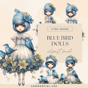 Pacote de clipart de clipart de meninas botânicas de pássaro azul, PNGs transparentes em aquarela, bonecos de papel de personagens bonitos, gráficos caprichosos de lixo eletrônico