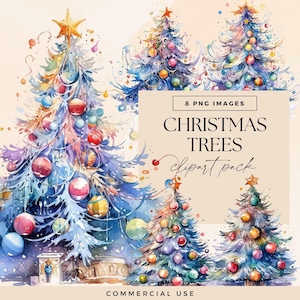 Watercolour Christmas Tree Clipart, Winter Ornaments, White Xmas, Whimsical Decorated Tree, Transparent PNGs, Holiday Clip Art, Commercial