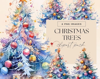 Watercolour Christmas Tree Clipart, Winter Ornaments, White Xmas, Whimsical Decorated Tree, Transparent PNGs, Holiday Clip Art, Commercial