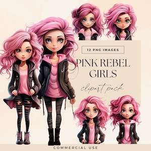 Pacote de clipart de boneca rosa, PNGs transparentes, pacote de clipart de menina rebelde, Junk Journal Fashion Candy Girls, convite de aniversário de princesa moderna, CU