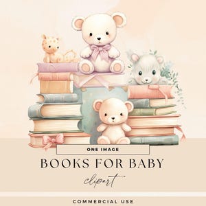 Next Chapter Baby Shower Book Clipart Pack, Pile of Books Clip Art, Pastel Teddy Bear Invitation Graphics, Reading Invite Illustration, PNGs