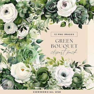 Clipart floral bouquet de mariage moderne, roses vertes fleur blanche Clip Art, faire-part de mariage PNG, Illustrations aquarelle baby shower
