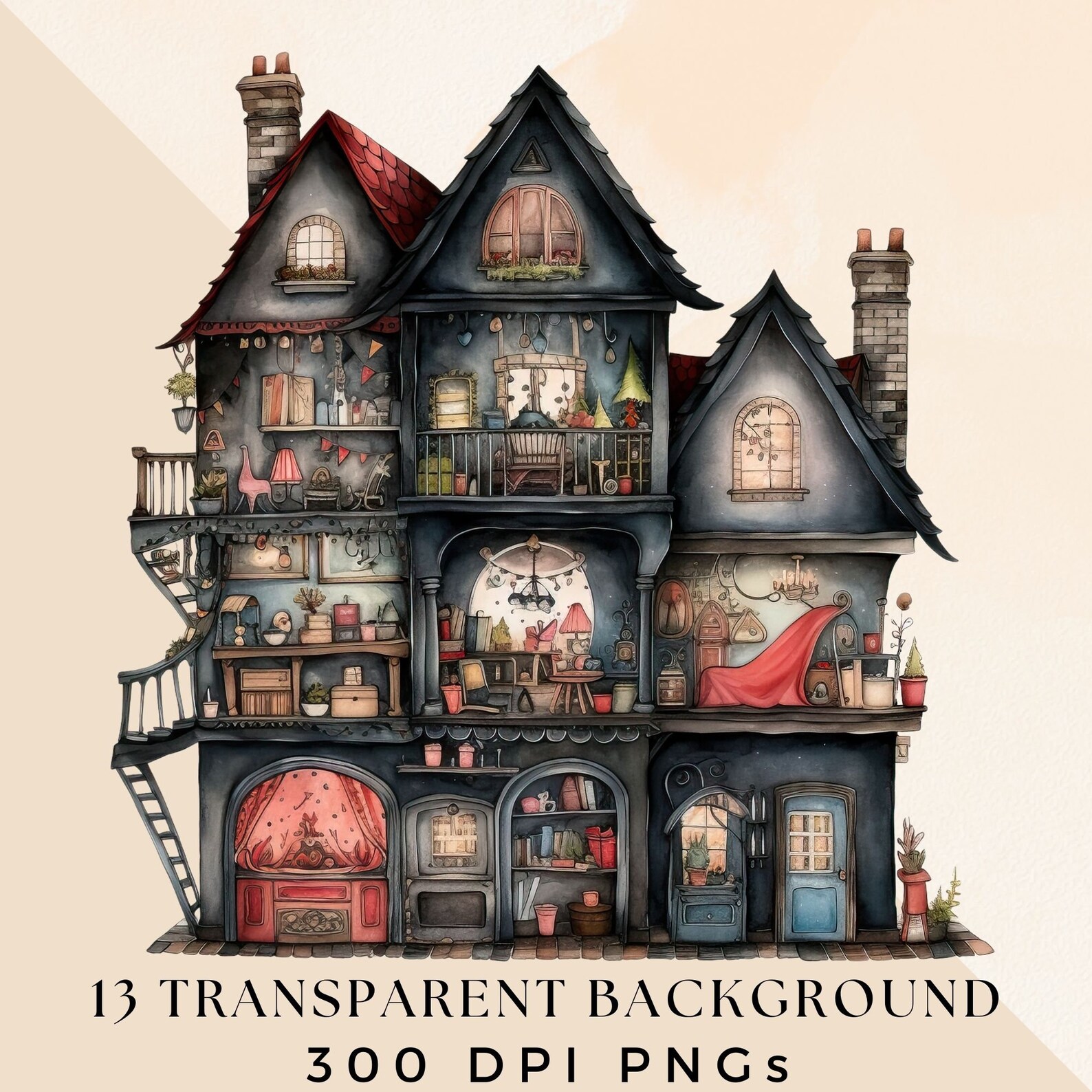 Gothic Doll House Clipart Pack, Halloween Dollshouse, Victorian Wooden ...