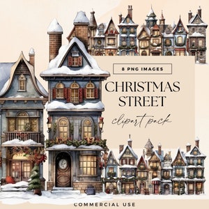 Clipart Christmas Streets, Decorated Xmas Whimsical Houses, Victorian Winter Streetscape Clip Art, Vintage Holiday Junk Journal, Transparent