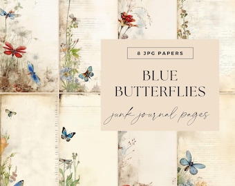 Papeles de diario basura de mariposa azul, descarga digital, jardín de hadas vintage, páginas de scrapbooking, efímeras vintage, fondo de jardín imprimible