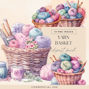 Yarn Ball Basket Clipart, Crochet Hobby Clip Art, Transparent PNGs, Pastel Knitting Essentials Illustration, Handcrafts Junk Journal Graphic