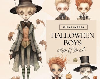 Halloween Charaktere Clipart Pack, Horror Kreatur CU, Junk Journal seltsame skurrile Illustrationen, süße gruselige Jungen Clip Art, gruselige Kostüme
