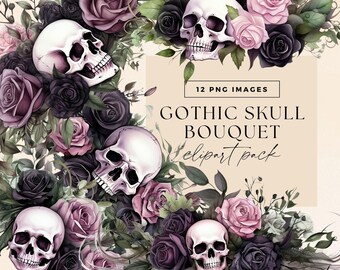 Gothic Wedding Flowers Clipart, Transparent PNGs, Purple Black White Roses, Wedding Bouquet Illustrations, Watercolour Skull Floral Clip Art
