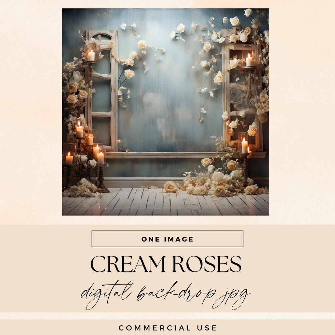 Cream Roses Room Backdrop Digital, INSTANT DOWNLOAD, Whimsical Flowers ...