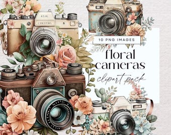 Floral Camera Clipart, Photography Clip Art, Transparent PNG, Vintage Camera Illustrations, Flower Ephemera, Watercolour Photo Illustrations