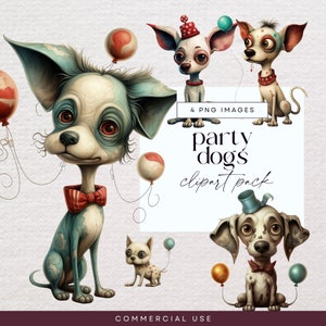 Quirky Dog Clipart Bundle, Celebration PNG, Whimsy Clip Art, Junk Journal Party Pets, Funny Animal Ephemera, Whimsical Puppy Illustration