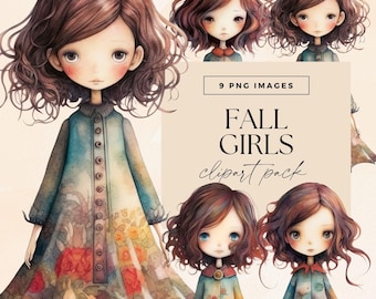 Fall Girl Clipart Pack, Transparent, Bright Autumn Girls Illustration, Fashion Doll Clip Art, Pretty Girl, Cozy Warm Character, Junk Journal