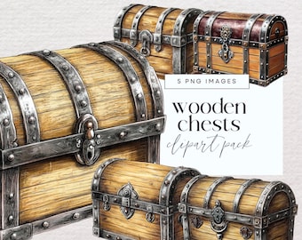Treasure Chest Clipart, Wooden Chest Clip Art, Treasure Box Junk Journal Illustrations, Pirate Chest Ephemera, Scrapbooking Transparent PNGs