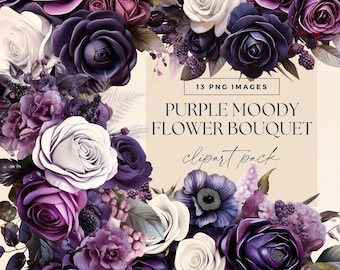 Flower Bouquet Purple Clipart, Transparent PNGs, Violet Roses Wedding Bouquet Illustrations, Watercolour Dark Moody Gothic Floral Clip Art