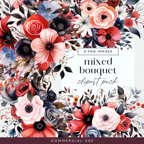 Mixte bouquet floral rouge Clipart, PNG, Illustrations de fleurs d'invitation de mariage, aquarelle fleur de printemps Clip Art, graphiques d'Invitation d'anniversaire