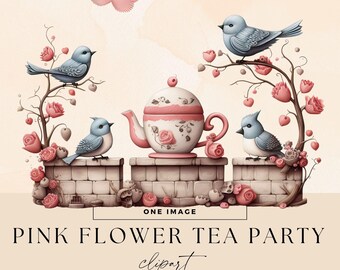 Garden Tea Party Clipart, Spring Birds Clip Art, Transparent PNGs, Whimsical Teacups Invite Illustrations, Watercolor Floral Junk Journal