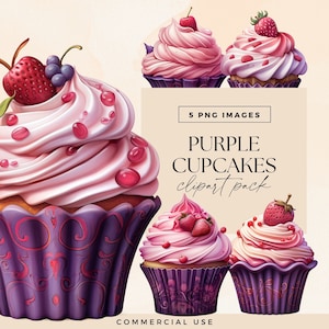 Purple Berry Birthday Cupcake Clipart, Transparent PNG, Pretty Party Invitation Clip Art, Dessert Menu Illustrations, Pink Bakery Graphics