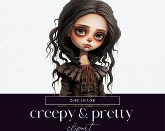 Creepy Doll Clipart, Transparent PNG, Pretty Girl Invite Clip Art, Mystical Junk Journal Ephemera, Halloween Illustration, Spooky Graphics