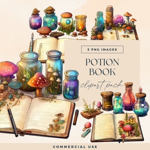 Clipart di libri di pozioni, clipart di funghi, PNG trasparenti, commerciale, grafica di bottiglie colorate dell'acquerello, illustrazioni di fiabe magiche