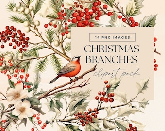 Watercolour Christmas Branch Clipart, Seasonal Pine Foliage Clip Art, Xmas Pine Greenery Illustration, Festive Junk Journal, Holly Berries