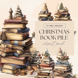 Christmas Book Clipart Pack, Xmas Book Pile, Library Clip Art, Holiday Reading Graphics, Watercolour Illustrations, Junk Journal Bookclub