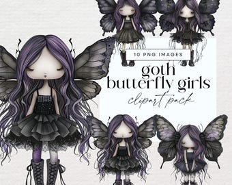 Gothic Girl Clipart, Transparent PNG, Dark Fairytale Butterfly Paper Dolls, Junk Journal Halloween Characters, Dark Angel Fantasy Clip Art