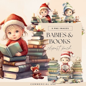 Christmas Books and Baby Clipart Pack, Xmas Invite Clip Art, Holiday Reading Graphics, Babies Library Baby Shower Book Graphics Bundle PNG