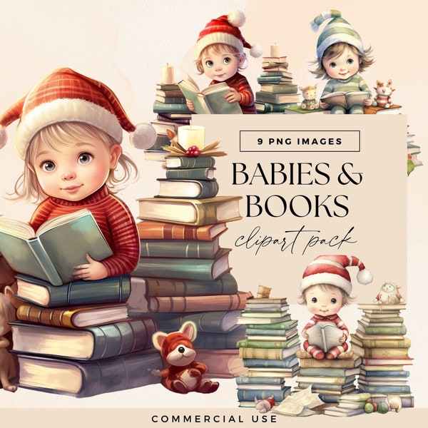 Christmas Books and Baby Clipart Pack, Xmas Invite Clip Art, Holiday Reading Graphics, Babies Library Baby Shower Book Graphics Bundle PNG