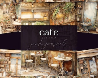 Puede incluir: Collage de acuarela de escenas de café. La imagen presenta múltiples viñetas de cafés al aire libre con mesas, sillas y elementos decorativos. El texto "cafe set two junk journal" se muestra sobre un fondo oscuro. Las palabras "commercial use" están en la parte inferior.