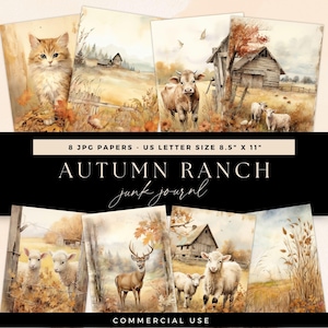 Kit de diario basura de granja, páginas de rancho otoñal, descarga digital, papeles de scrapbooking de prados otoñales, efímeras de animales de granja, paisajes rústicos vintage