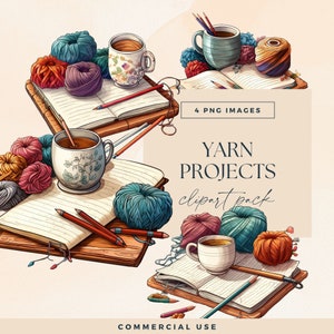 Clipart livre de projet au crochet, clipart passe-temps tricot, PNG transparents, pelotes de laine colorées, illustrations graphiques essentielles pour travaux manuels