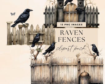 Grillige raven clipartbundel, transparante png, gotische merelkunst, Goth Crows on Street Fence illustraties, Junk Journal Garend efemere verschijnselen