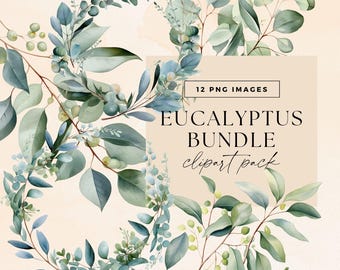Watercolor Eucalyptus Wreath Clipart, Native Leaf Branches, Transparent PNGs, Junk Journal Leaves, Botanical Illustration, Invite Ephemera