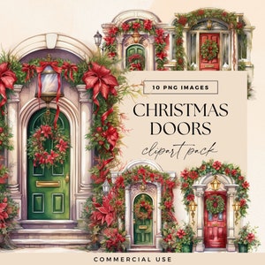 Christmas Front Door Clipart, Xmas Wreath Clip Art, Transparent PNG, Watercolour Holiday Illustrations, Entry Decorations, Festive Graphics