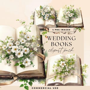 Next Chapter Wedding Shower Invite Clipart Pack, Botanical Books Clip Art, Reading Invite Illustration, Flower Graphics, Floral Book Stack